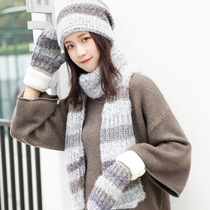 Wholesale Hat Acrylic Knitted Striped Warm Scarf Gloves 3 Piece Sets MOQ≥2sets JDC-FH-Xued003