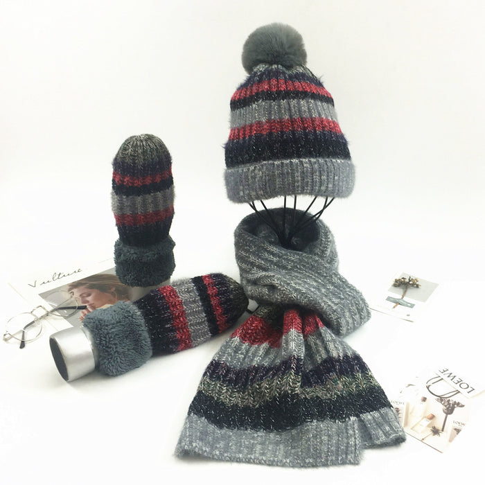 Wholesale Hat Acrylic Knitted Striped Warm Scarf Gloves 3 Piece Sets MOQ≥2sets JDC-FH-Xued003