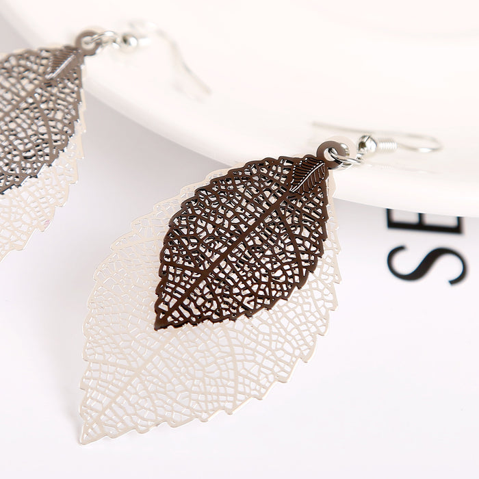 Wholesale Earrings Copper Simple Double Layer Hollow Out Leaves JDC-ES-ManY030