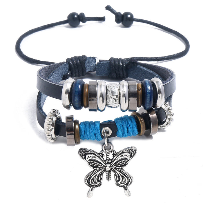Wholesale Bracelet Leather Alloy Wood Beads Hemp Rope CCB Vintage Braid Butterfly JDC-BT-PK043