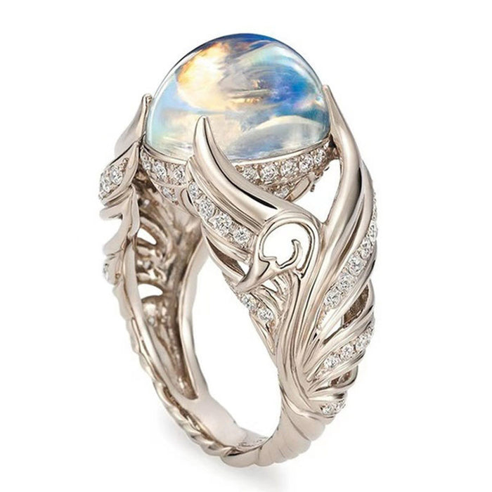Wholesale Ring Alloy Hollow Blank Swan Colorful Imitation Moonstone MOQ≥2 JDC-RS-CaoS074