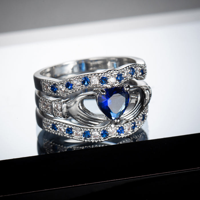 Wholesale three-piece set of blue zircon jewelry holding love jewelry ring JDC-RS-LongY021
