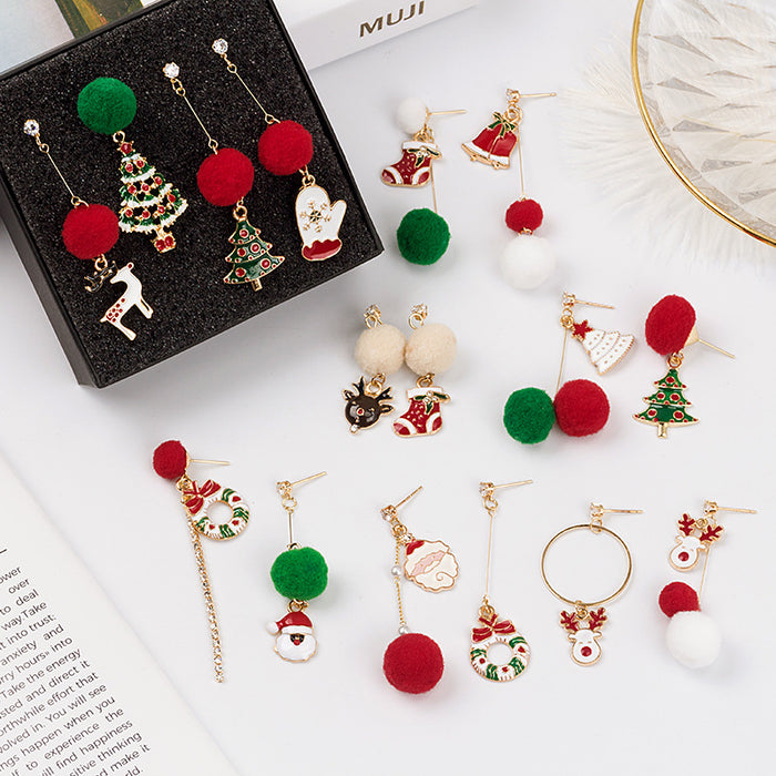 Wholesale Earrings Alloy Asymmetric Fur Ball Christmas Tree Snowman Elk Bells JDC-ES-MDD091