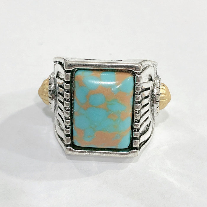 Wholesale Square Green Turquoise Sunflower Metal Ring JDC-RS-QiK009