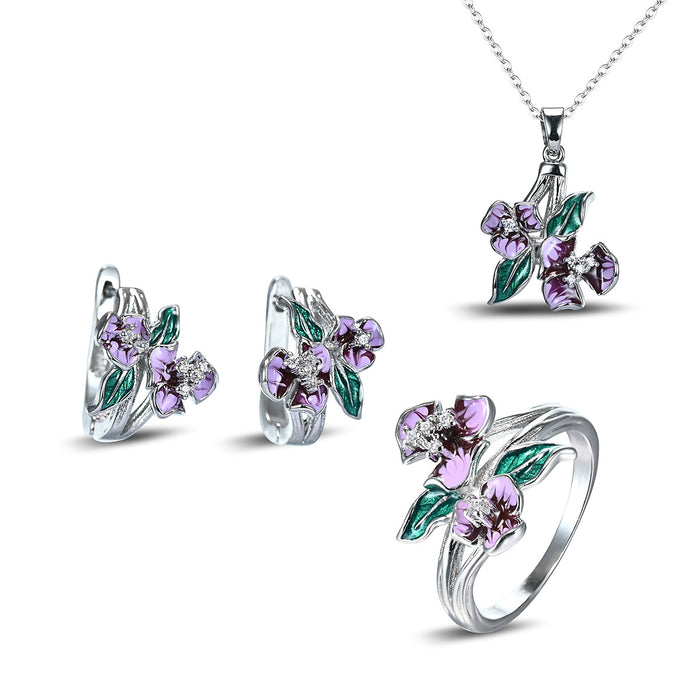 Wholesale Ring Silver Enamel Necklace Floral Earrings JDC-RS-ZhenR027