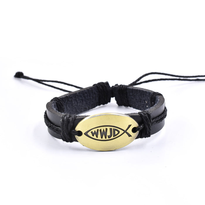 Wholesale religious style English monogram leather bracelet multi-layer adjustable WWJD bracelet JDC-BT-TianG003