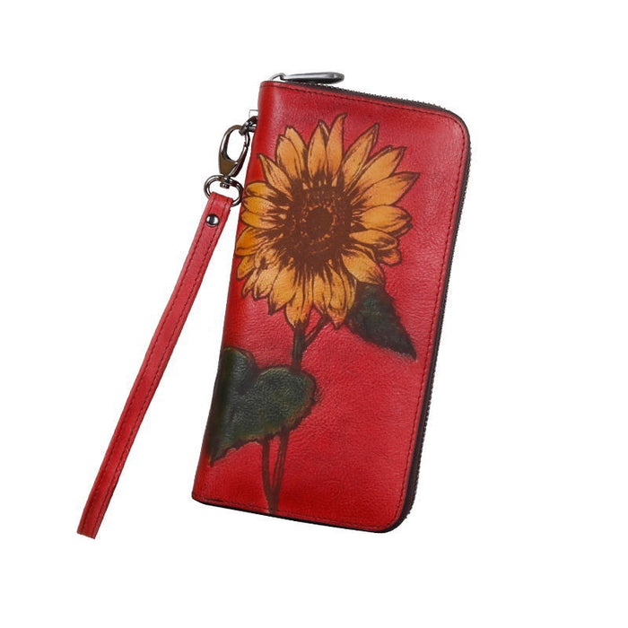 Wholesale first layer cowhide to engrave sunflower ladies wallet JDC-WT-Jiabl001