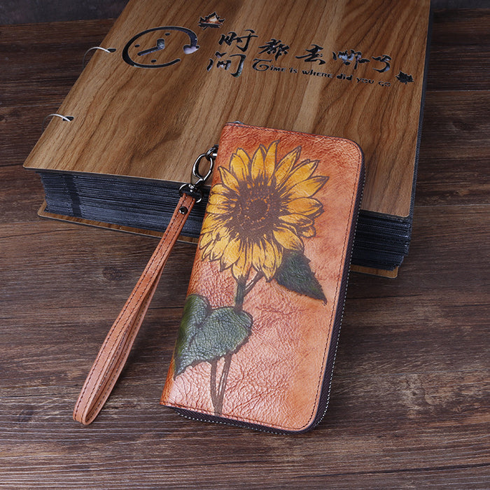 Wholesale first layer cowhide to engrave sunflower ladies wallet JDC-WT-Jiabl001
