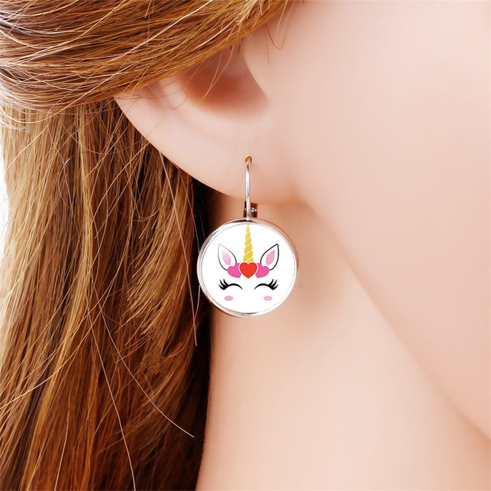 Wholesale Earrings Metal Round Time Gems Creative Cat Ears Unicorn JDC-ES-NH019