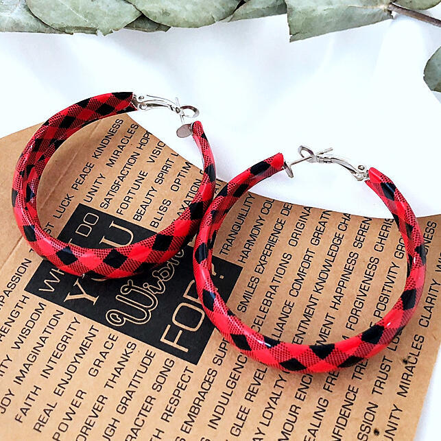 Wholesale Earrings Alloy PU Covered Round Red Plaid Earrings JDC-ES-Saip061