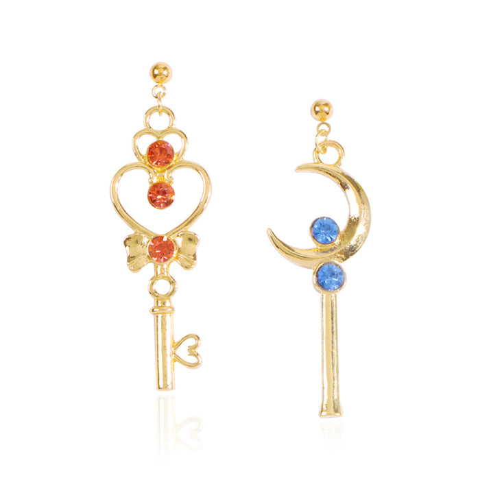Wholesale beautiful girl earrings color diamond moon key left and right AB models JDC-ES-Qiandi017