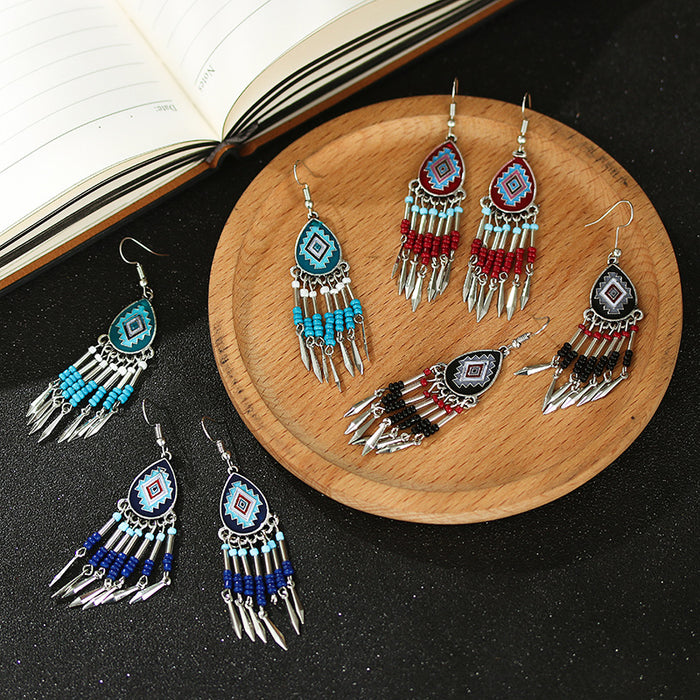 Wholesale Earrings Alloy Retro Painting Oil Rhombus Multilayer Rice Beads Short Section JDC-ES-YYDX005
