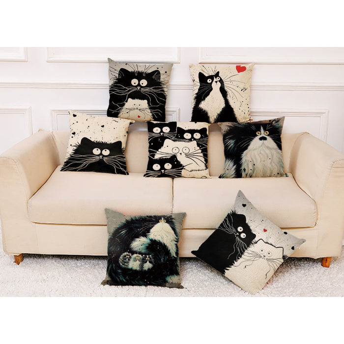 Funda de almohada al por mayor lino de algodón de gato blanco y negro jdc-pw-jiongkun010