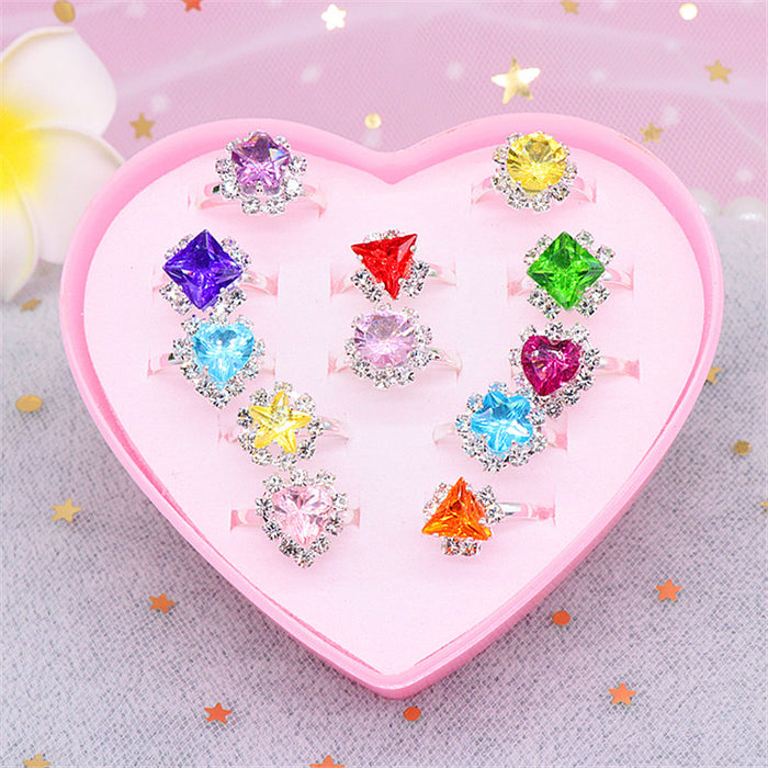 Conjunto de caja de regalo de anillo de diamantes de imitación para niños al por mayor anillo ajustable lotes mixtos JDC-RS-NAND004