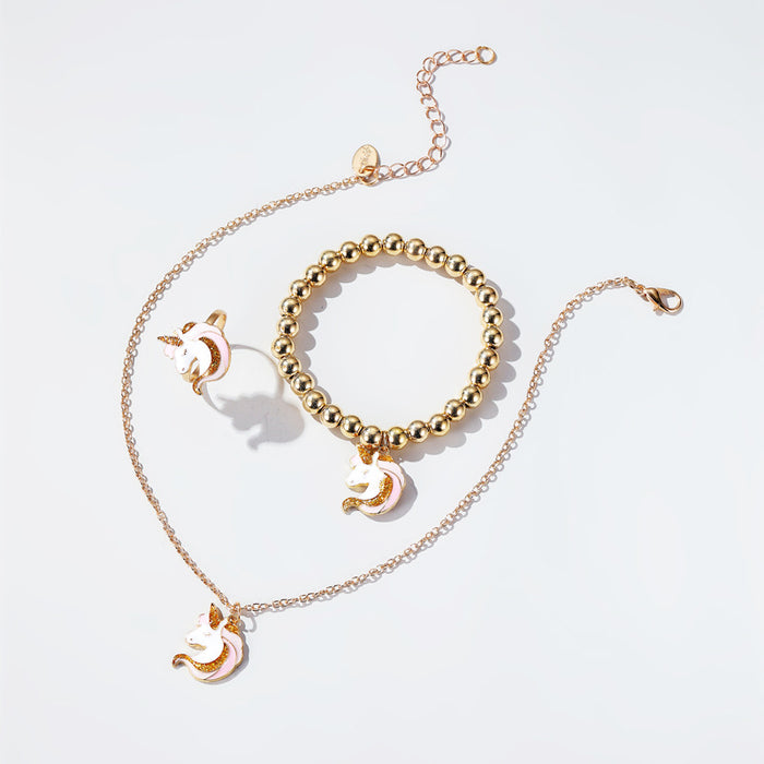 Wholesale Bracelet Alloy Cute Unicorn Necklace Ring Set JDC-BT-D311