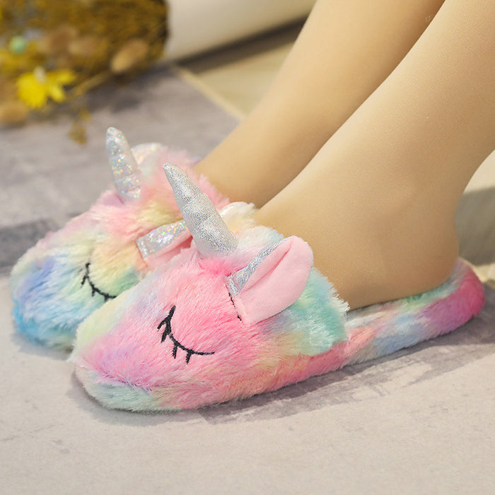 Wholesale Fantasy Colorful Plush Unicorn Slippers Gradient Color JDC-SP-XiR001