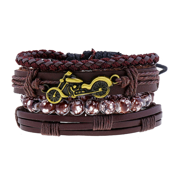 Wholesale Braided Leather Bracelet Beaded Vintage Men's Set Motorcycle Bracelet JDC-BT-SaiH015