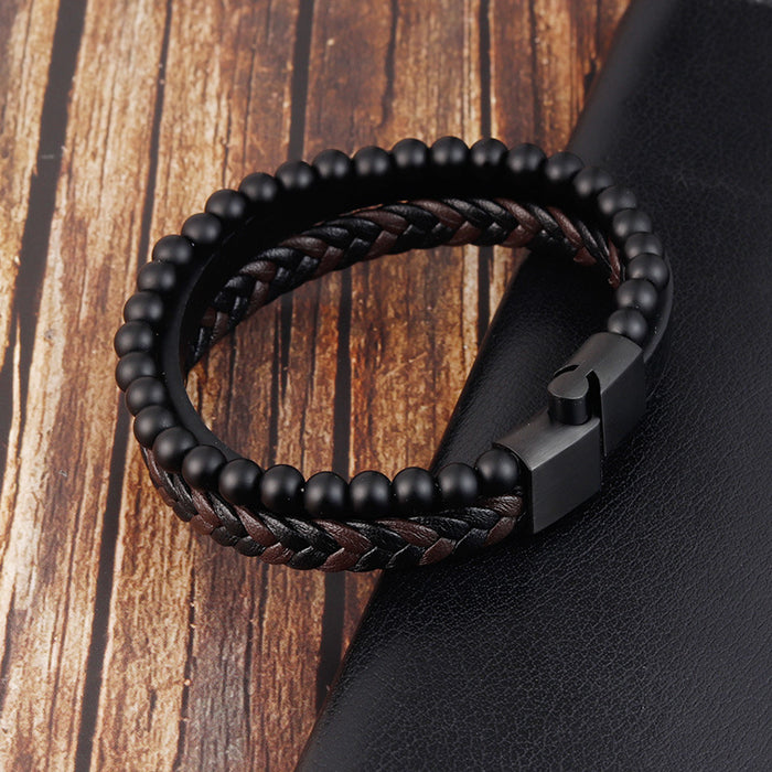 Wholesale Bracelet Stainless Steel Leather Woven Natural Stone JDC-BT-OuSD003