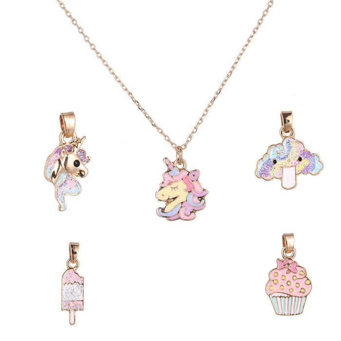Wholesale Necklace Alloy Ceramic Kids Ice Cream Cake Rainbow Horse Set Pendant Changeable JDC-NE-ZhuoM001