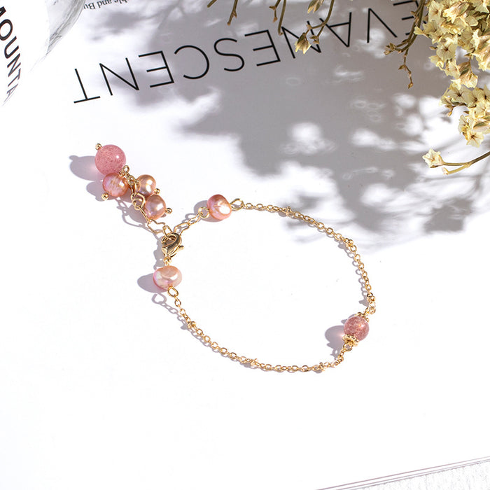 Wholesale Bracelet Alloy Badu Strawberry Crystal Copper Plated Real Gold Pink Pearl JDC-BT-BaDu005