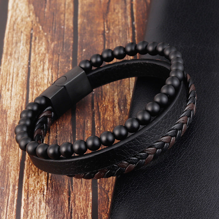 Wholesale Bracelet Stainless Steel Leather Woven Natural Stone JDC-BT-OuSD003
