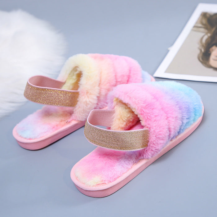 Wholesale Fashion Plush Rainbow Style Heel Slippery Shoes JDC-SD-PeiN001