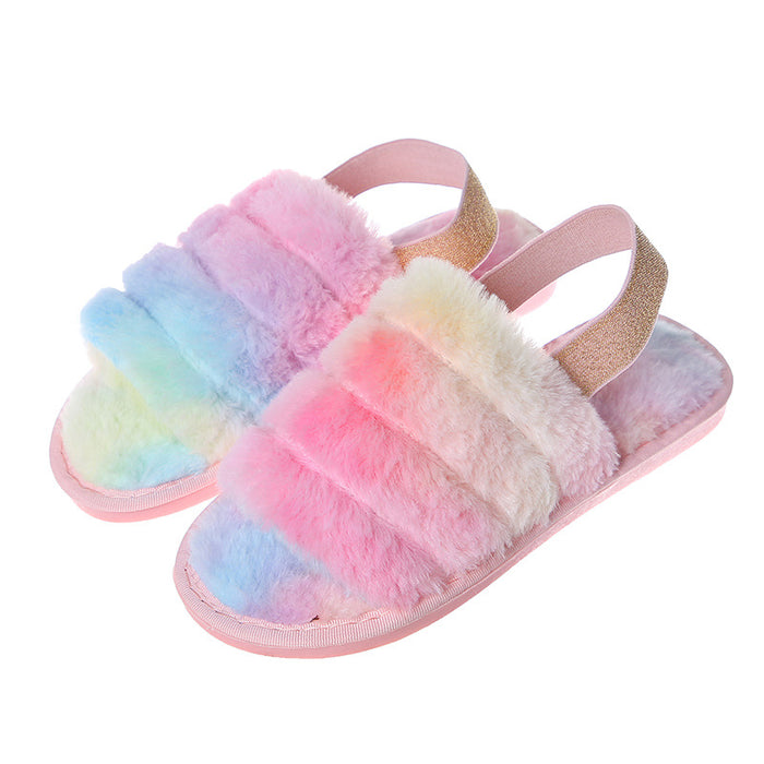 Wholesale Fashion Plush Rainbow Style Heel Slippery Shoes JDC-SD-PeiN001
