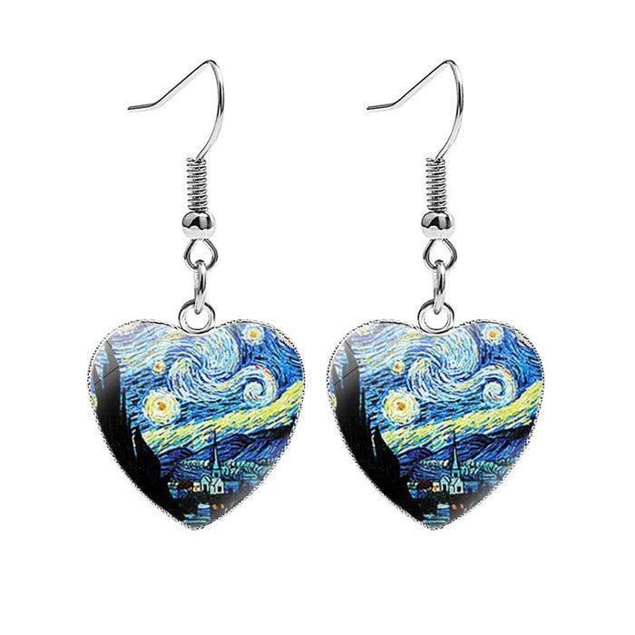 Wholesale Earrings Metal Time Gemstone Glass Heart Oil Painting JDC-ES-NH013