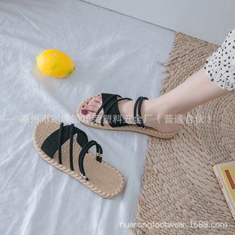 Wholesale outer wear linen women's slippers two wear one word sandals JDC-SD-HuaR001