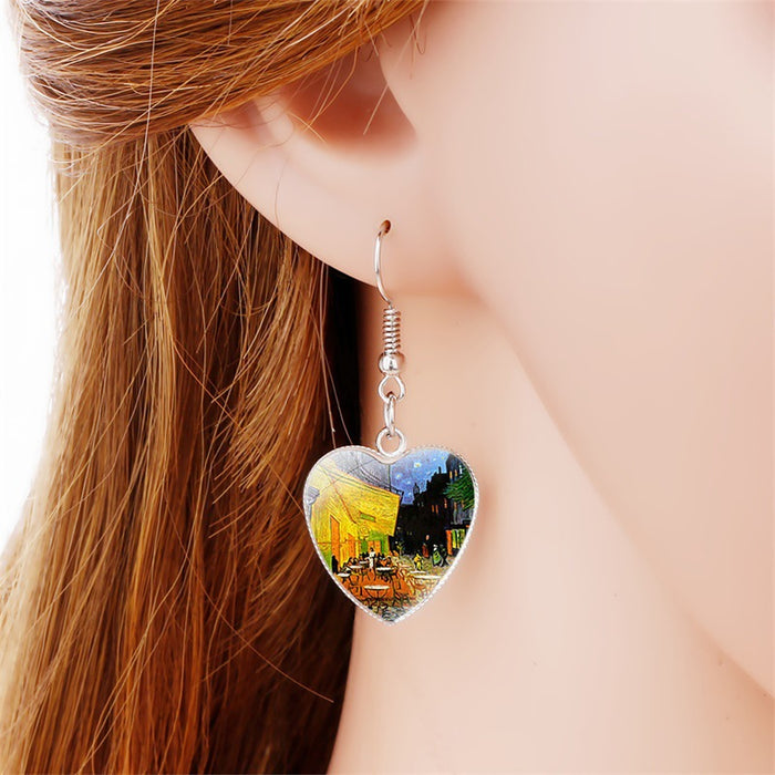 Wholesale Earrings Metal Time Gemstone Glass Heart Oil Painting JDC-ES-NH013