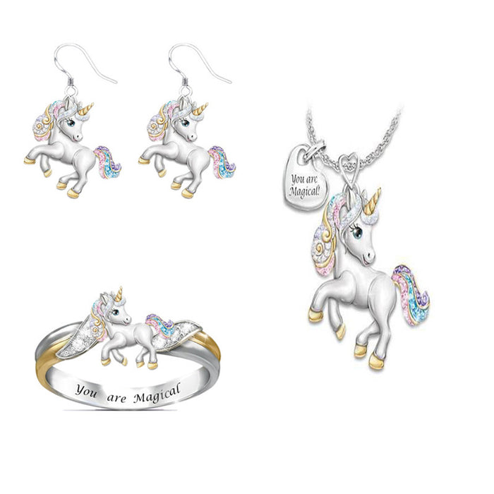 Wholesale Necklace Alloy Colorful Diamond Unicorn Ring Earrings Set JDC-NE-MTu003
