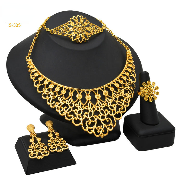 Wholesale Bridal Flower Plated 24K Gold Alloy Necklace Bracelet Earrings Ring Jewelry Set MOQ≥2 JDC-JS-AND004