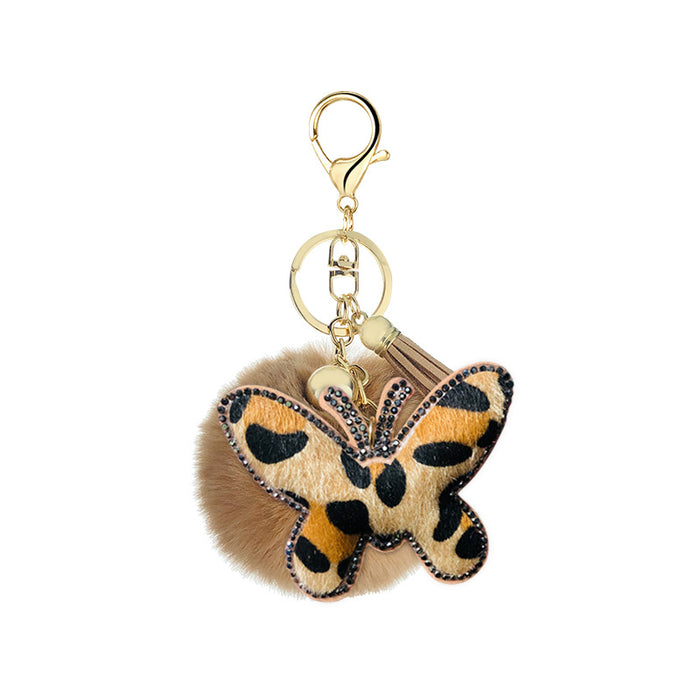 Wholesale korean velvet diamond leopard print butterfly fur ball metal keychain MOQ≥10 JDC-KC-Yongz011