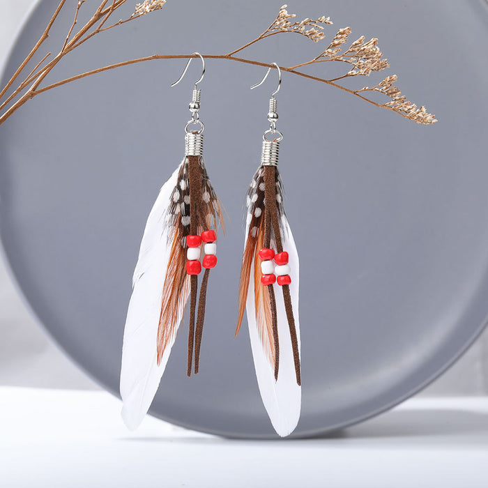 Wholesale Long Feather Earrings Boho Rice Beads Tassel MOQ≥2 JDC-ES-Zhongn001