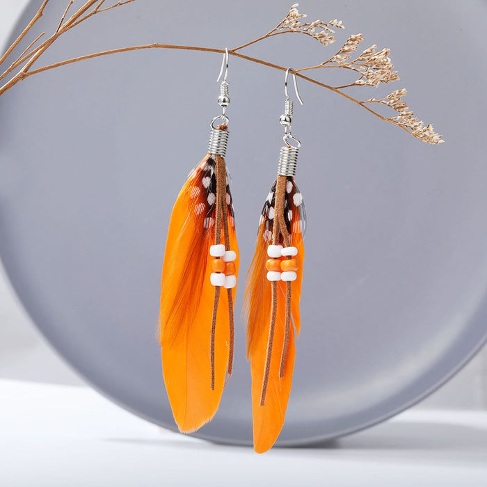 Wholesale Earrings Feather Vintage Bohemian Beads Long Peacock Feather JDC-ES-LvY007