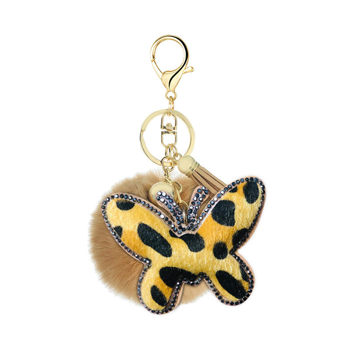 Wholesale korean velvet diamond leopard print butterfly fur ball metal keychain MOQ≥10 JDC-KC-Yongz011