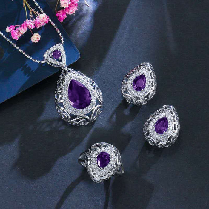 Wholesale hollow diamond gemstone earrings ring necklace three-piece set JDC-NE-ChenR001