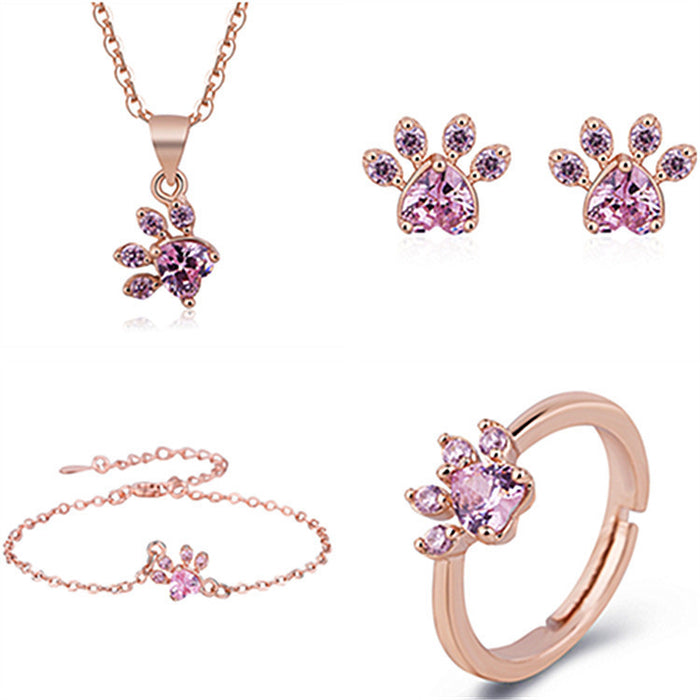 Wholesale Necklace Copper Cat Claw Heart Footprint Necklace Stud Earrings Bracelet Ring Set JDC-NE-DingR004