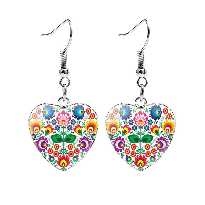 Wholesale Earrings Metal Time Gemstone Heart Shape Colorful Pattern JDC-ES-NH012