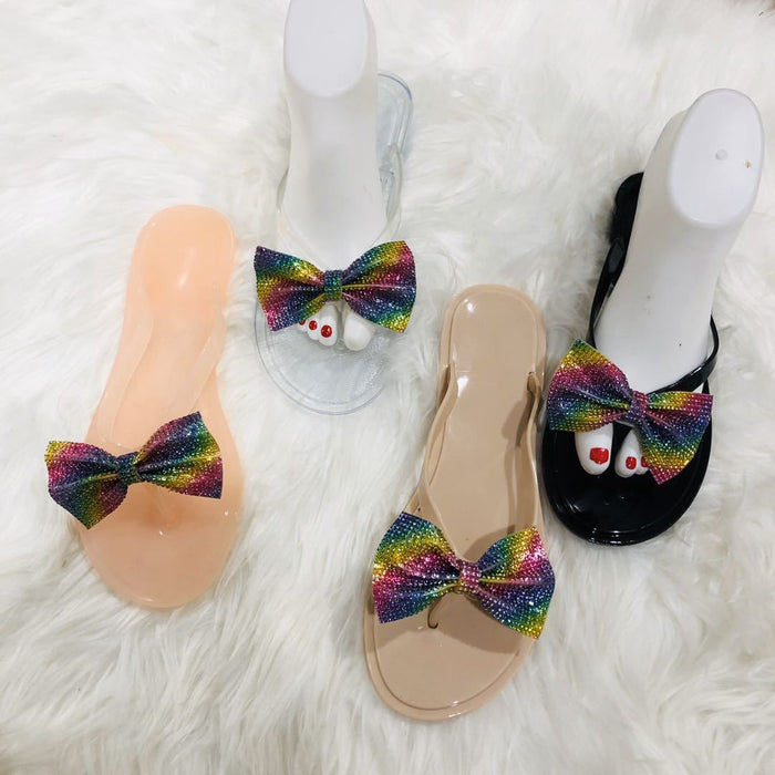 Wholesale plus size flip flops women's bow slippers colored diamonds JDC-SD-KMD006