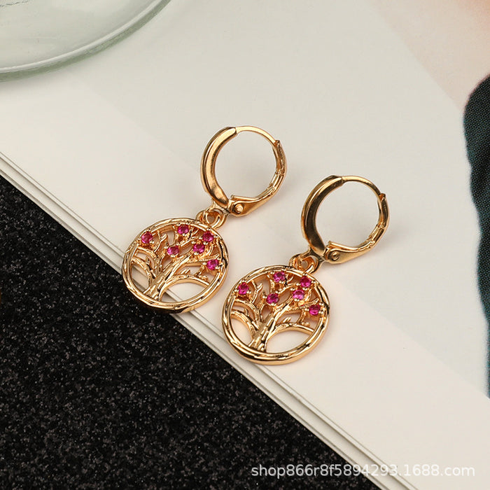 Wholesale Hollow Round Diamonds Tree of Life Copper Earrings MOQ≥2 JDC-ES-Yongz001