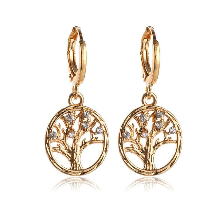 Wholesale Hollow Round Diamonds Tree of Life Copper Earrings MOQ≥2 JDC-ES-Yongz001