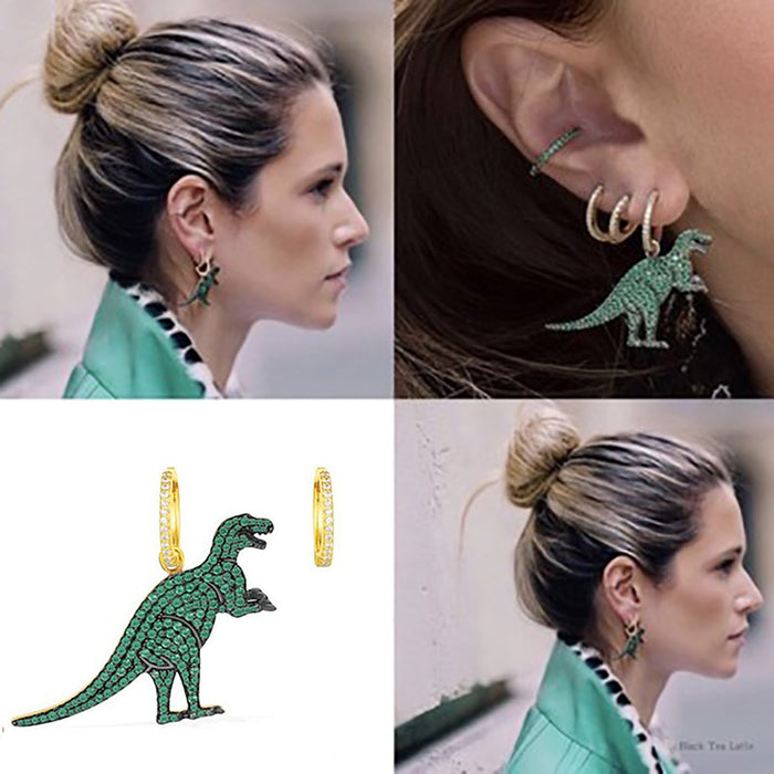 Wholesale Alloy Asymmetric Rhinestone Green Dinosaur Earrings MOQ≥2 JDC-ES-qiuse008