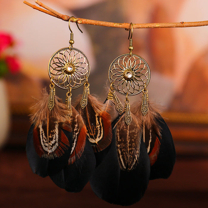 Wholesale Hollow Out Sunflower Diamond Long Tassel Multilayer Black Feather Earrings JDC-ES-YYDX012