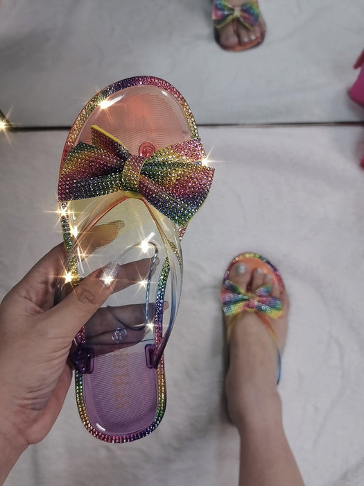 Wholesale Flip Flop Women Color Diamond Bow Flat Sandals JDC-SD-SanT004