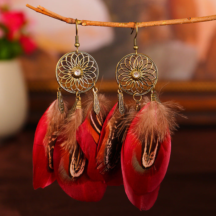 Wholesale Hollow Out Sunflower Diamond Long Tassel Multilayer Black Feather Earrings JDC-ES-YYDX012