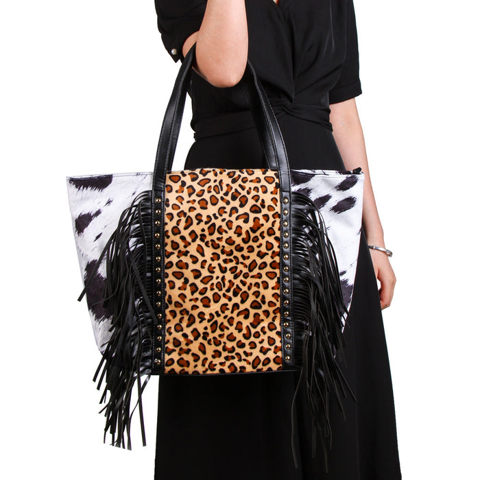 Wholesale Tote Bag PU Cow Bag Leopard Print Tassel Shopping Bag MOQ≥3 JDC-HB-HMLD003