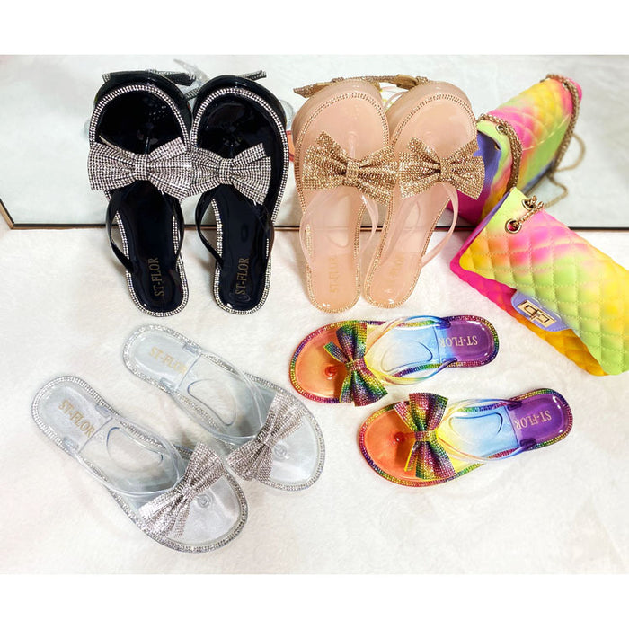 Wholesale Flip Flop Women Color Diamond Bow Flat Sandals JDC-SD-SanT004