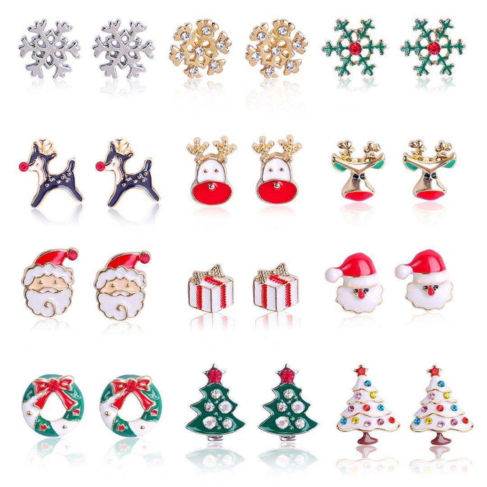 Wholesale Earrings Alloy Christmas Stud Earrings Set Diamond Snowflake Bells JDC-ES-ManY022