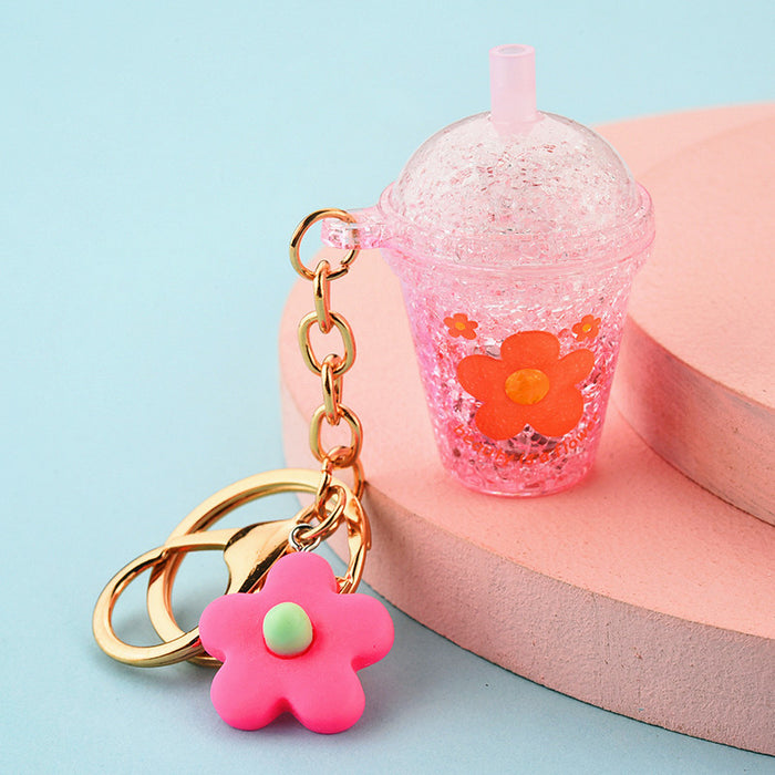 Wholesale Keychains Acrylic Hardware Cracked Small Flower Milk Tea Cup LED With Light JDC-KC-YPin032